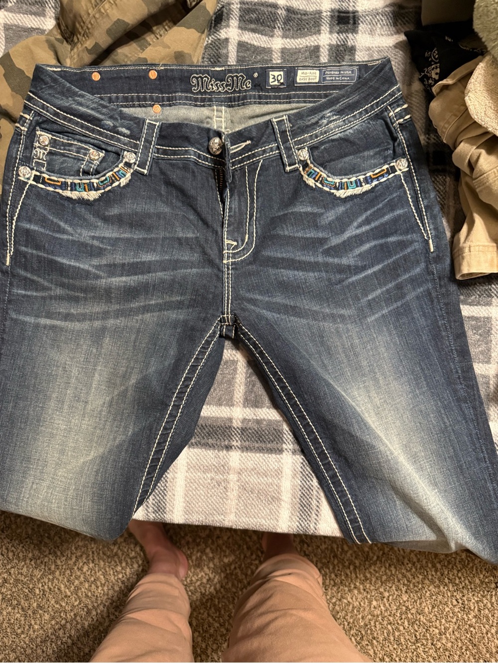 Miss Me Indigo Wash Boot Cut Jeans with Beaded Pocket Trim